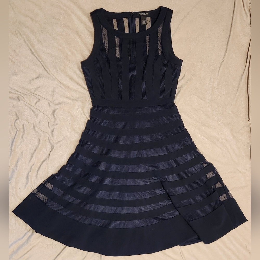 WHBM Deep Navy Blue Mesh Banded Fit & Flare Dress Sz 2 Whimsigoth Dark Academia
